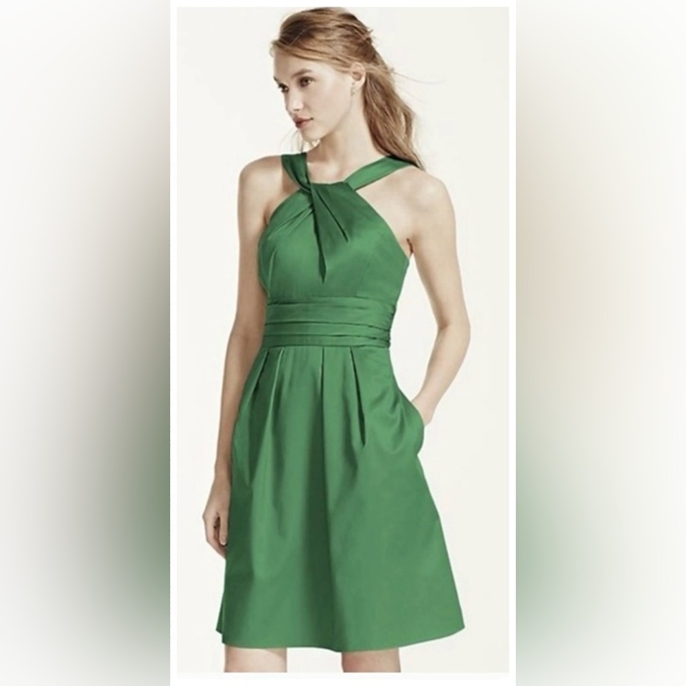 David’s Bridal Green Halter Pleated Cotton Dress Size 2
